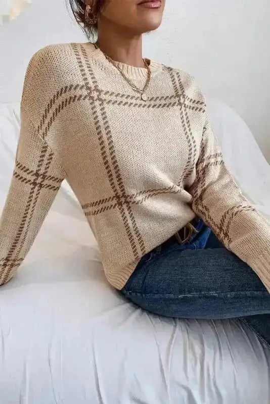 Sweaters Cozy Khaki Plaid Knit Sweater