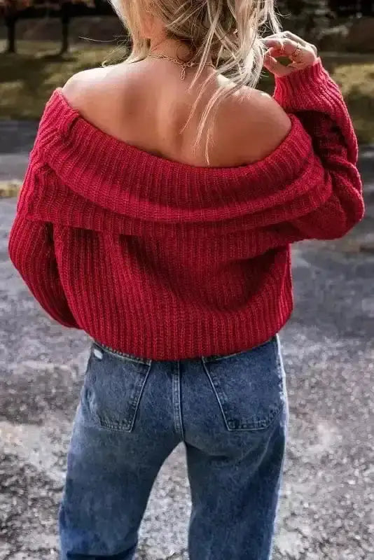 Red off shoulder knit sweater back view — Fashionfitz UK