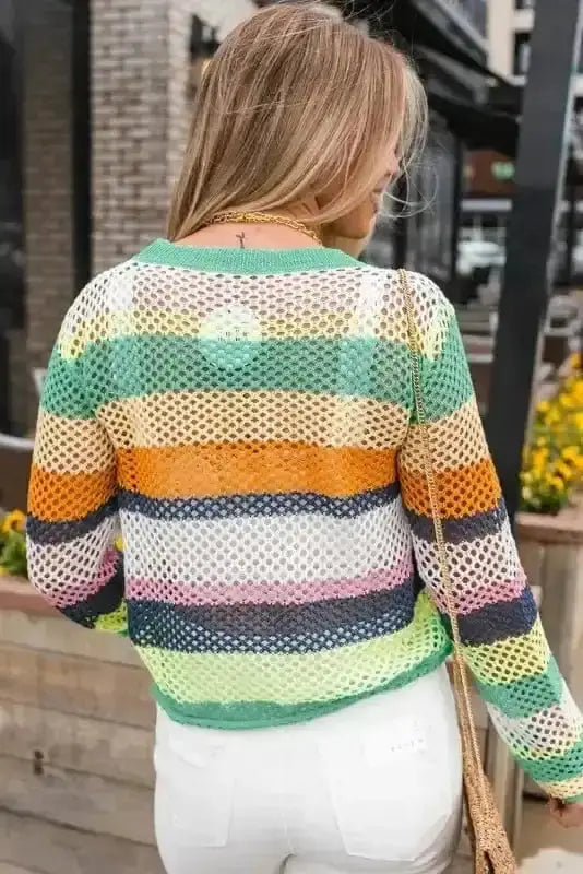 Green crochet eyelet sweater back view — Fashionfitz UK