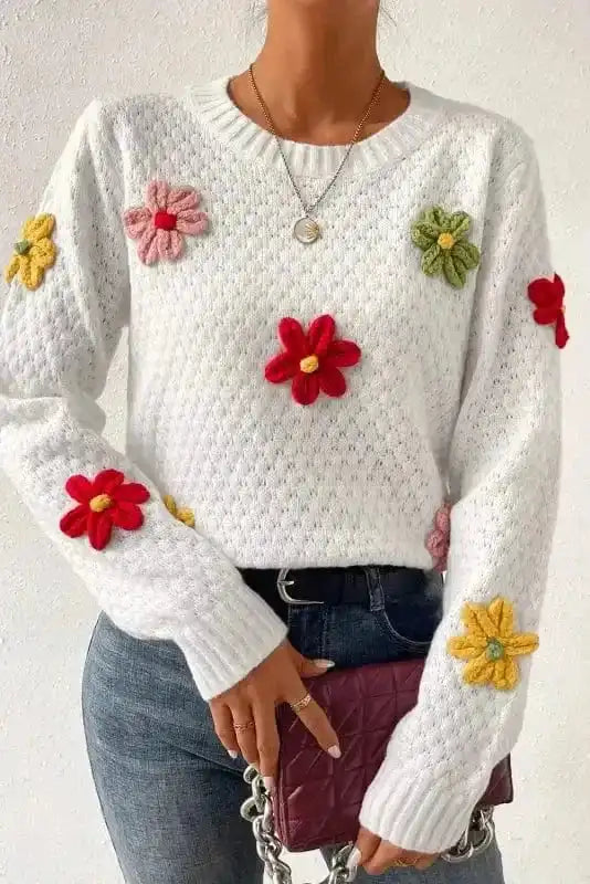 Sweaters Flower Applique White Sweater