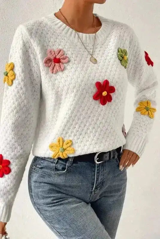 Sweaters Flower Applique White Sweater