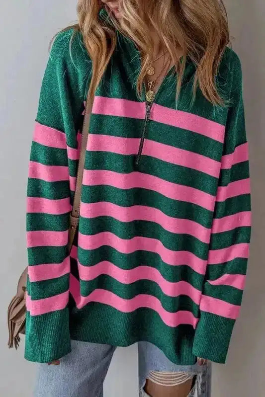 Sweaters Green / S / 44%Polyester+30%Acrylic+20%Polyamide+6%Wool CozyStripes Oversized Zip Sweater