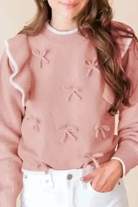 Sweaters Light Pink / S / 50%Viscose+28%Polyester+22%Polyamide Chic Blush Ruffle Bow Sweater