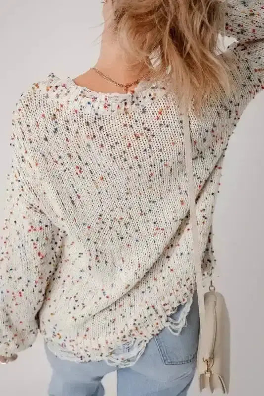 White mosaic distressed knit sweater back view — Fashionfitz UK