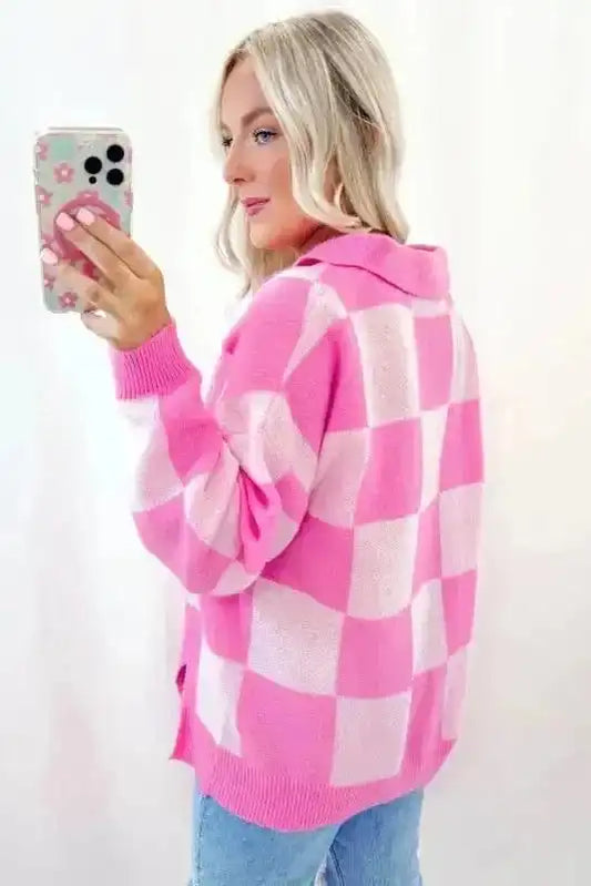 Sweaters Oversized Jumper - Pink Checkered Half Button Collared