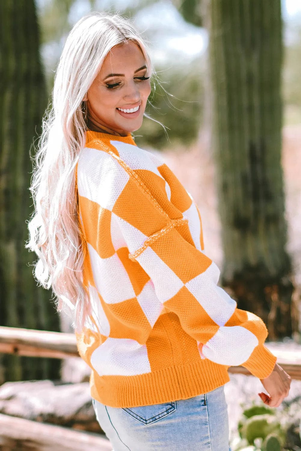 Sweaters Pink Checkered Bishop Sleeve Sweater