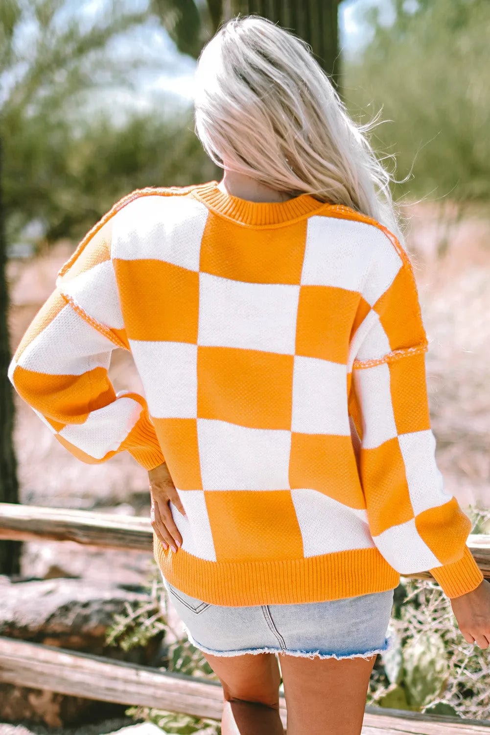 Sweaters Pink Checkered Bishop Sleeve Sweater