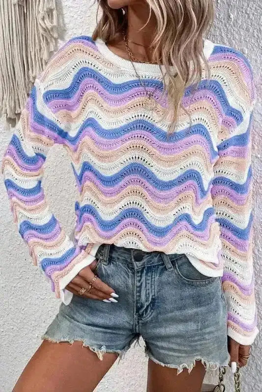 Sweaters Purple Stripe / S / 100%Cotton WavePoint Stripe Knit Sweater