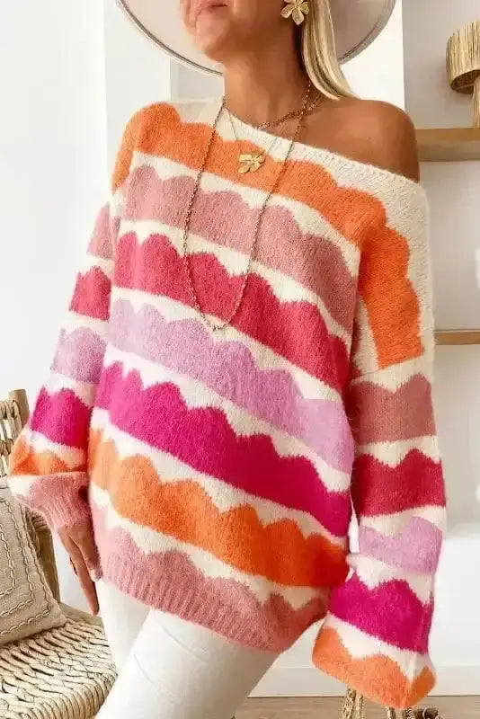 Wave stripe drop shoulder sweater back view — Fashionfitz UK