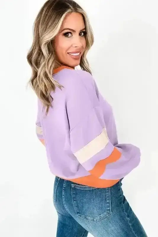 Orchid rib knit V-neck sweatshirt back view — Fashionfitz UK