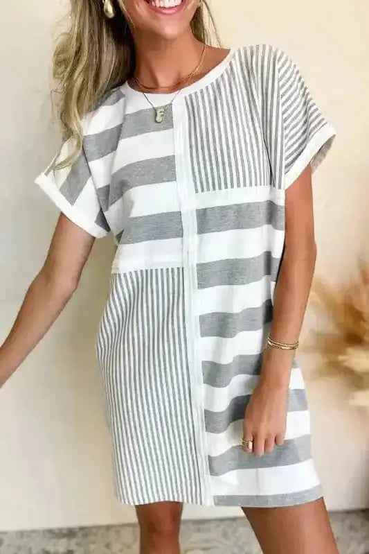 T Shirt Dresses Gray Stripe / S / 95%Polyester+5%Elastane Modern Mix T-Shirt Mini Dress - Grey