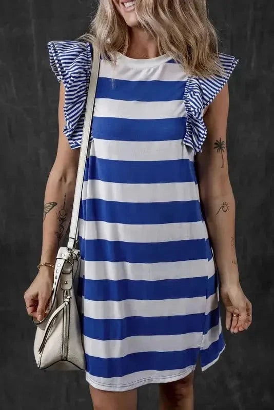 T Shirt Dresses Sky Blue Stripe / S / 50%Polyester+45%Viscose+5%Elastane Sooty Stripe Swirl Tunic Dress