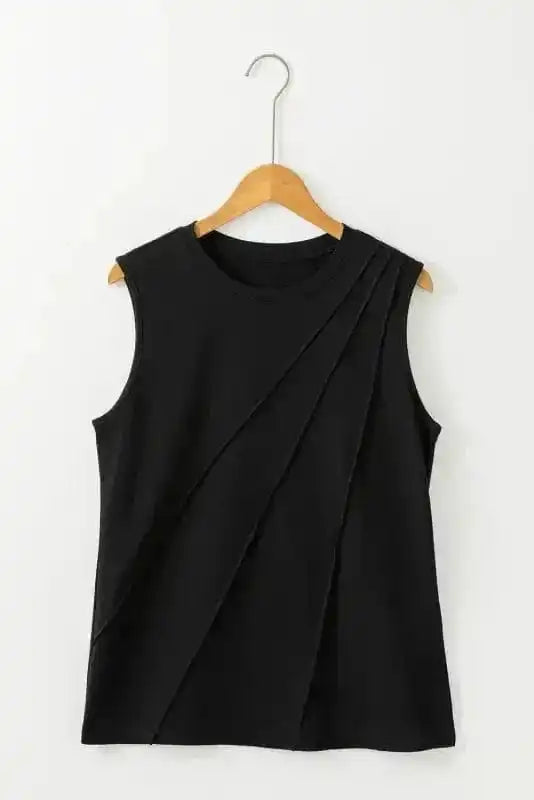 Tank Tops Black Crew Neck Pleated Tank Top