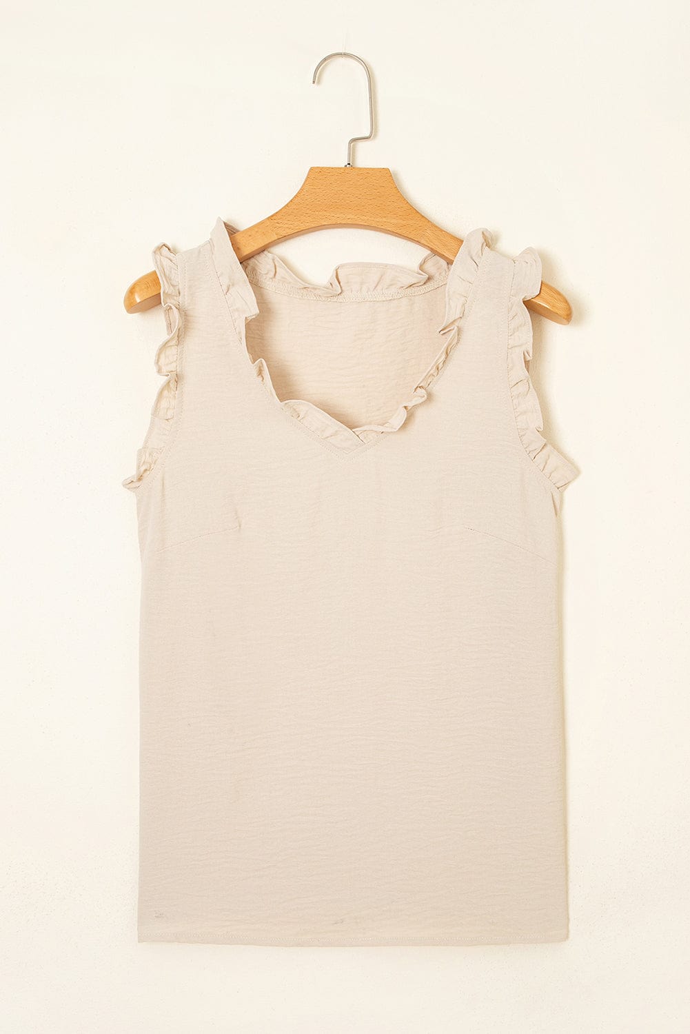 Tank Tops Frilly Trim Tank Top in Parchment – Feminine, Wrinkle-Resistant, Vegan-Friendly
