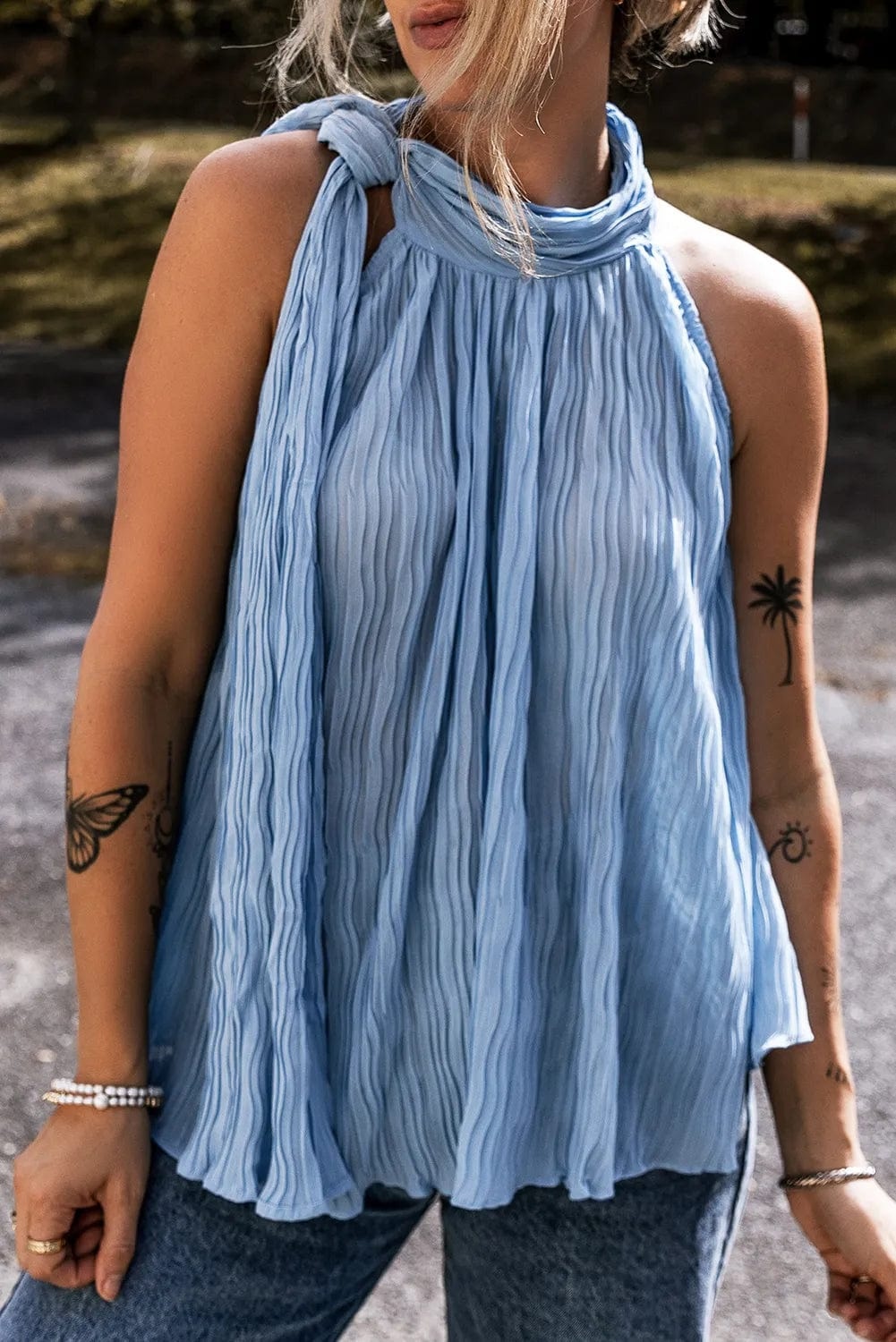Tank Tops Tied Elegance Pleated Top