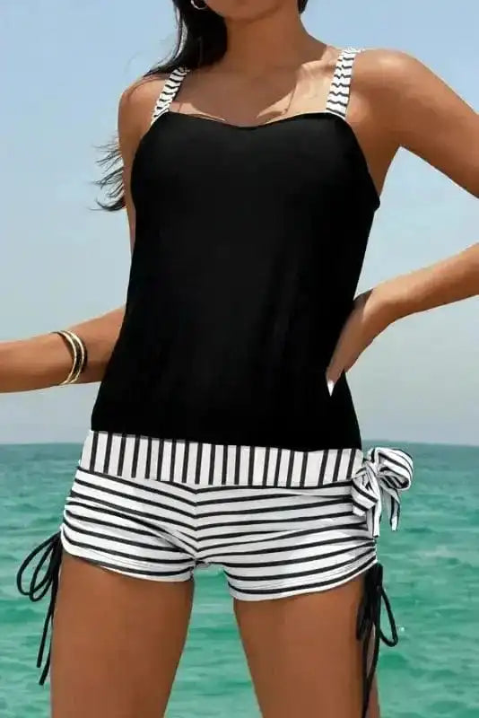 Tankinis Black / S / 85%Polyester+15%Elastane Monochrome Striped Tankini Set