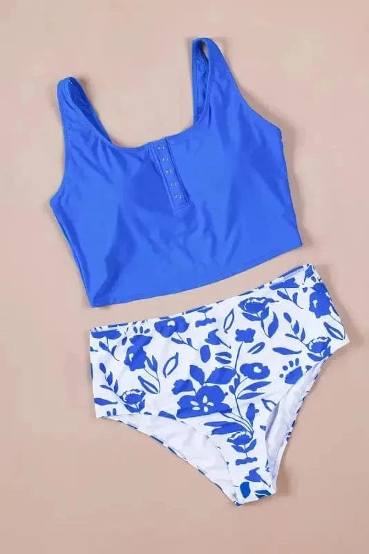 Tankinis Blue Square Neck Sleeveless Fashion Print Tankini Set