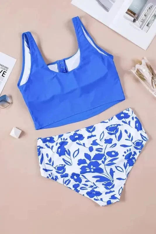 Tankinis Blue Square Neck Sleeveless Fashion Print Tankini Set