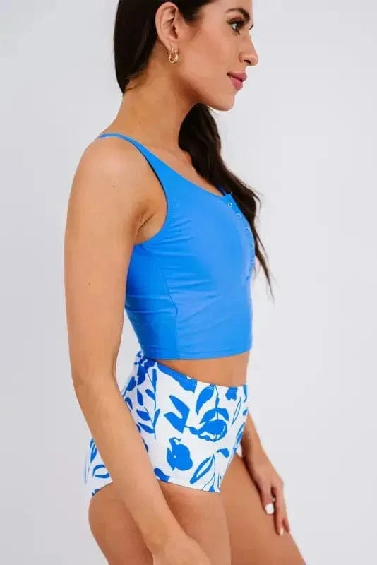 Tankinis Blue Square Neck Sleeveless Fashion Print Tankini Set
