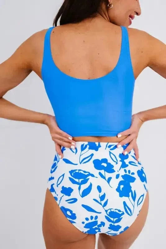 Tankinis Blue Square Neck Sleeveless Fashion Print Tankini Set