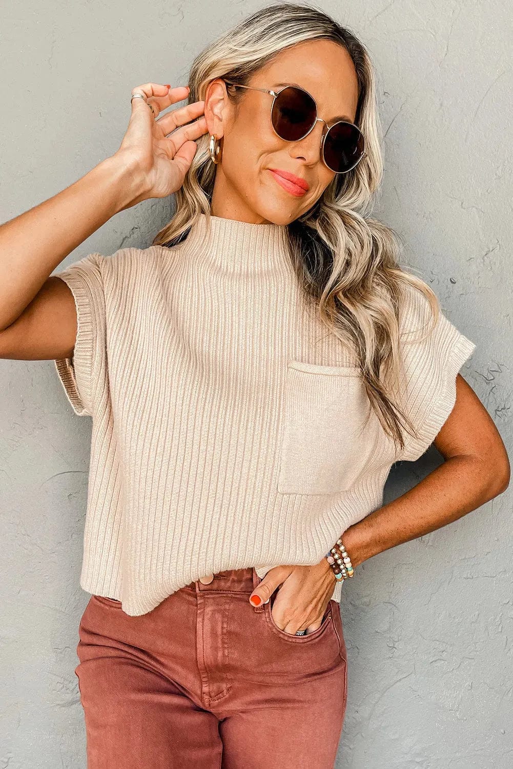 Tops Ribbed Knit Short Sleeve Sweater - Patch Pocket
