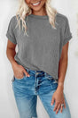 Grey Exposed Stitching Knit Short Sleeve T-Shirt Women UK — front view showing exposed stitching detail and breathable knit fabric — Fashionfitz