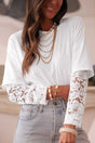 White Romantic Lace Long Sleeve Top Women UK — front view showing delicate lace patchwork and long sleeve construction — Fashionfitz