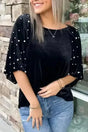 Black Beaded Velvet Tunic Top Women UK — front view showing rich black velvet with pearl bead embellishment — Fashionfitz