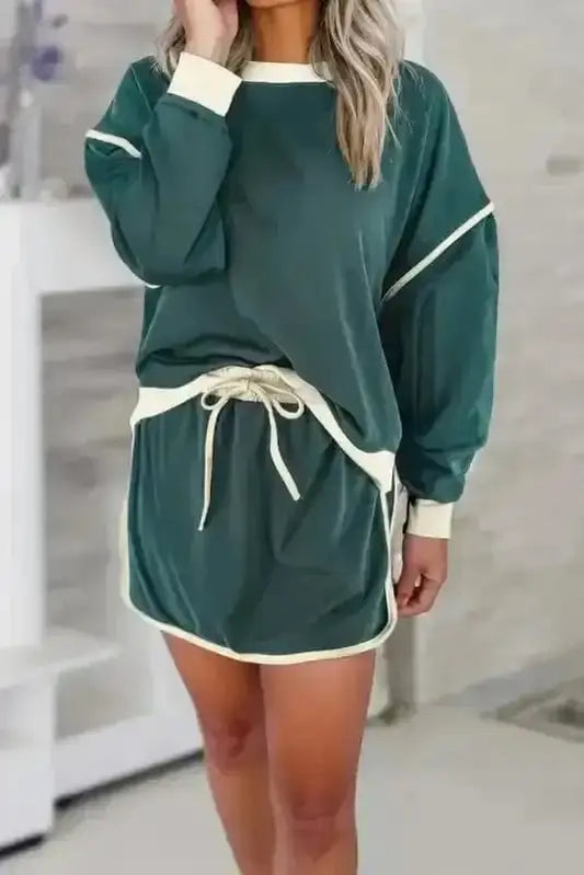 Two Piece Dresses Evergreen Contrast Pullover and Skort Set