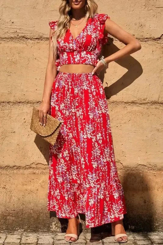 Two Piece Dresses Floral Fantasy Co-Ord - Crop Top & Maxi Skirt Set