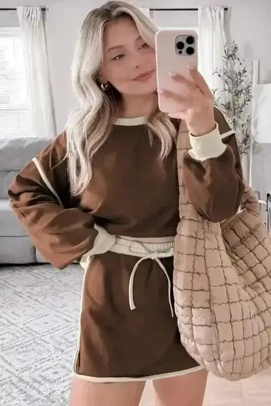 Mocha contrast pullover and skort set back view — Fashionfitz UK