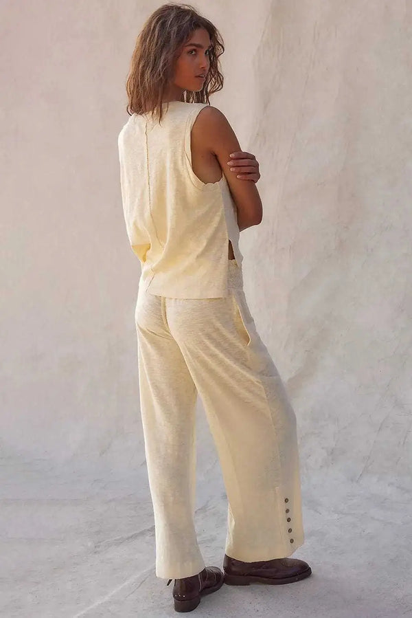 Beige wide leg pants co-ord set back view — Fashionfitz UK