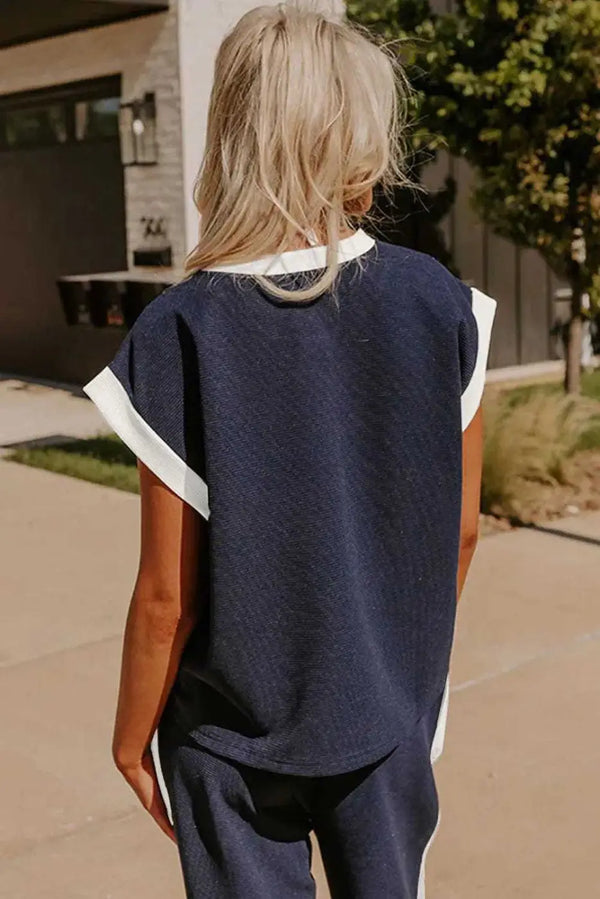 Navy T-shirt and wide leg pants set back view — Fashionfitz UK