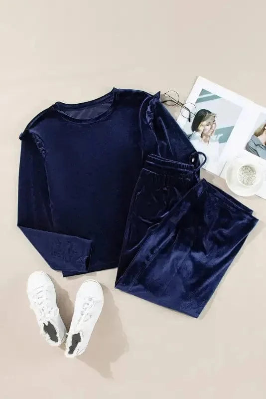 Two Piece Pant Sets Velvet Vogue Navy Ruffle Set