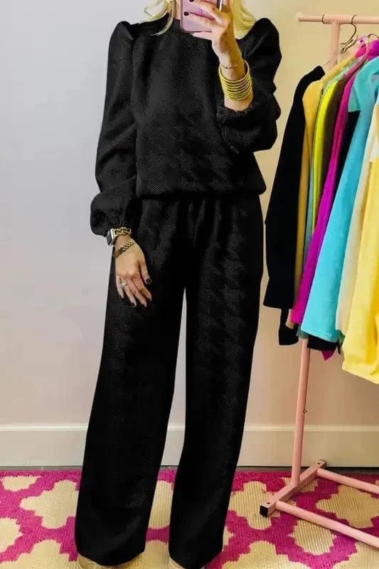 Two Piece Pants Sets Black / S / 95%Polyester+5%Elastane Puff-Sleeve Top with Coordinated Pants