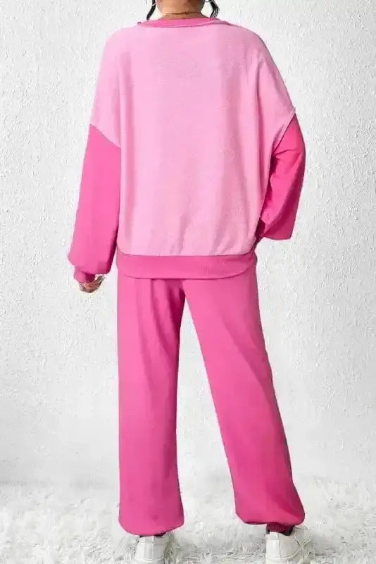Rose pink colourblock jogger set back view — Fashionfitz UK