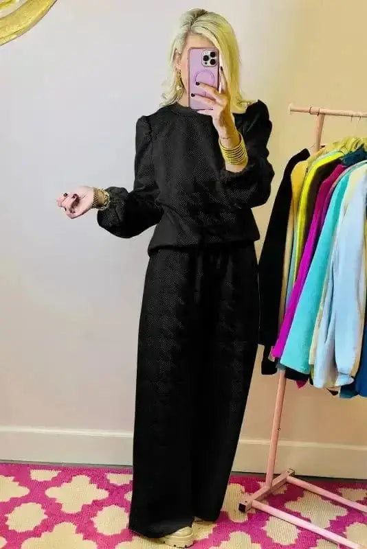 Puff sleeve top and wide leg pants set back view — Fashionfitz UK