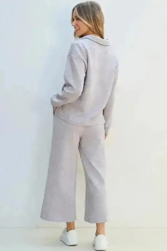 Light grey V-neck wide leg lounge set back view — Fashionfitz UK