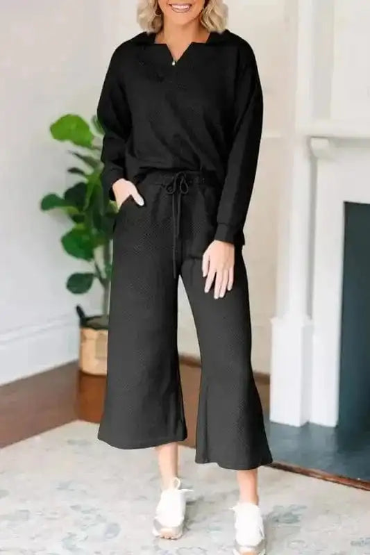 Two Piece Sets/Pant Sets Black / S / 95%Polyester+5%Elastane Elegance Noir Textured V-Neck Ensemble