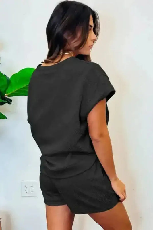 Black ribbed matching set showing ribbed texture detail on co-ord top and shorts Fashionfitz UK