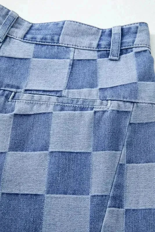 Wide Leg Jeans Checkered Denim Wide-Leg Jeans - Trendy and Comfortable