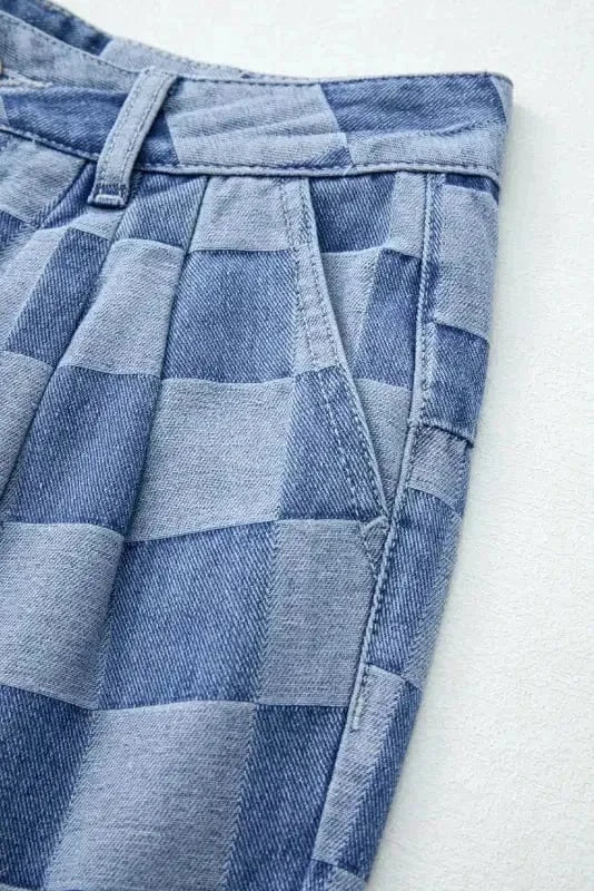 Wide Leg Jeans Checkered Denim Wide-Leg Jeans - Trendy and Comfortable