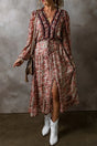 Brown Floral Split Front Tiered Frilled V Neck Midi Dress Women UK