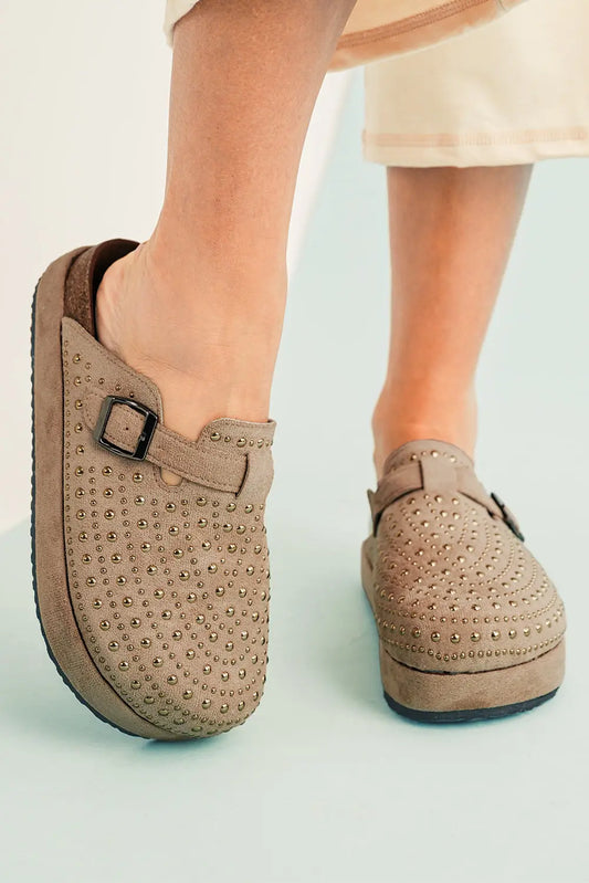 Parchment rivet buckle closed toe platform slippers