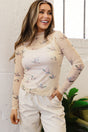 Western Print Mesh Sheer Long Sleeve Top Women UK