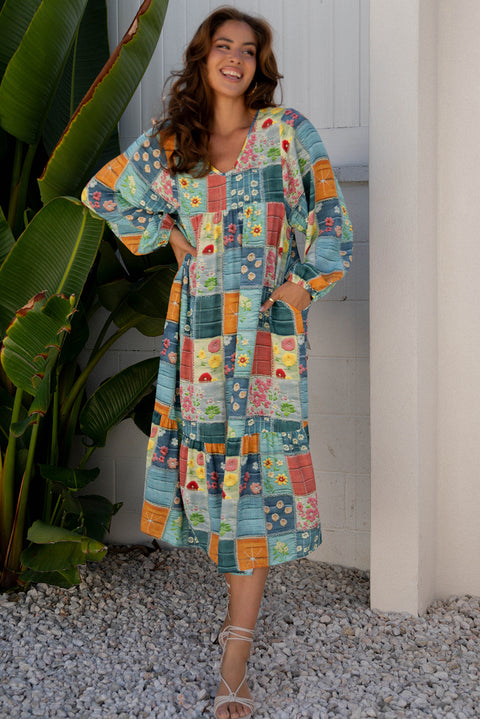 Floral Checkered Bubble Sleeve Ruffle Hem Maxi Dress Women UK