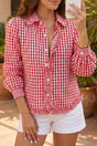 Red plaid long sleeve frill detail button shirt front view — Fashionfitz UK