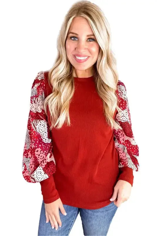 Fiery Red Contrast Mixed Animal Print Lantern Sleeve Patchwork Top - Fashionfitz