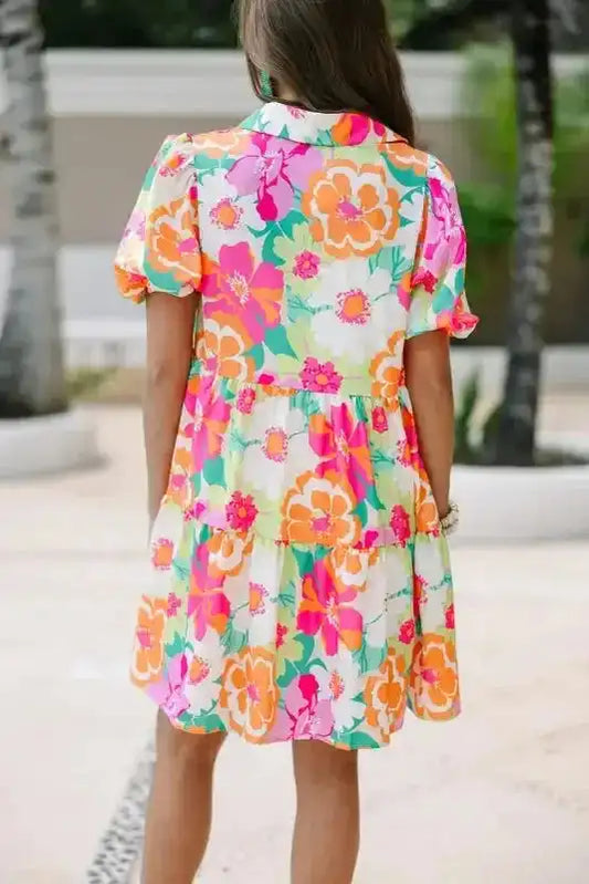 Floral Babydoll Dress - Puff Sleeve Collar Buttoned - Fashionfitz