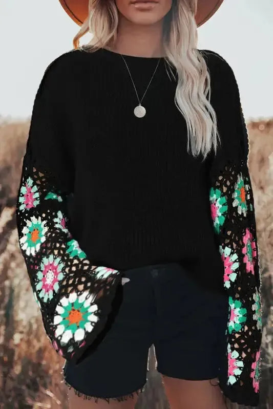 Floral Crochet Bell Sleeve Loose Sweater - Fashionfitz